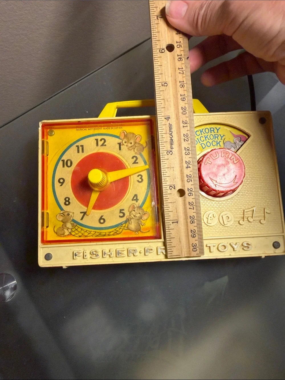Vintage 1960-1970 Fisher-Price Yellow Musical Clock Toy with Red Dial